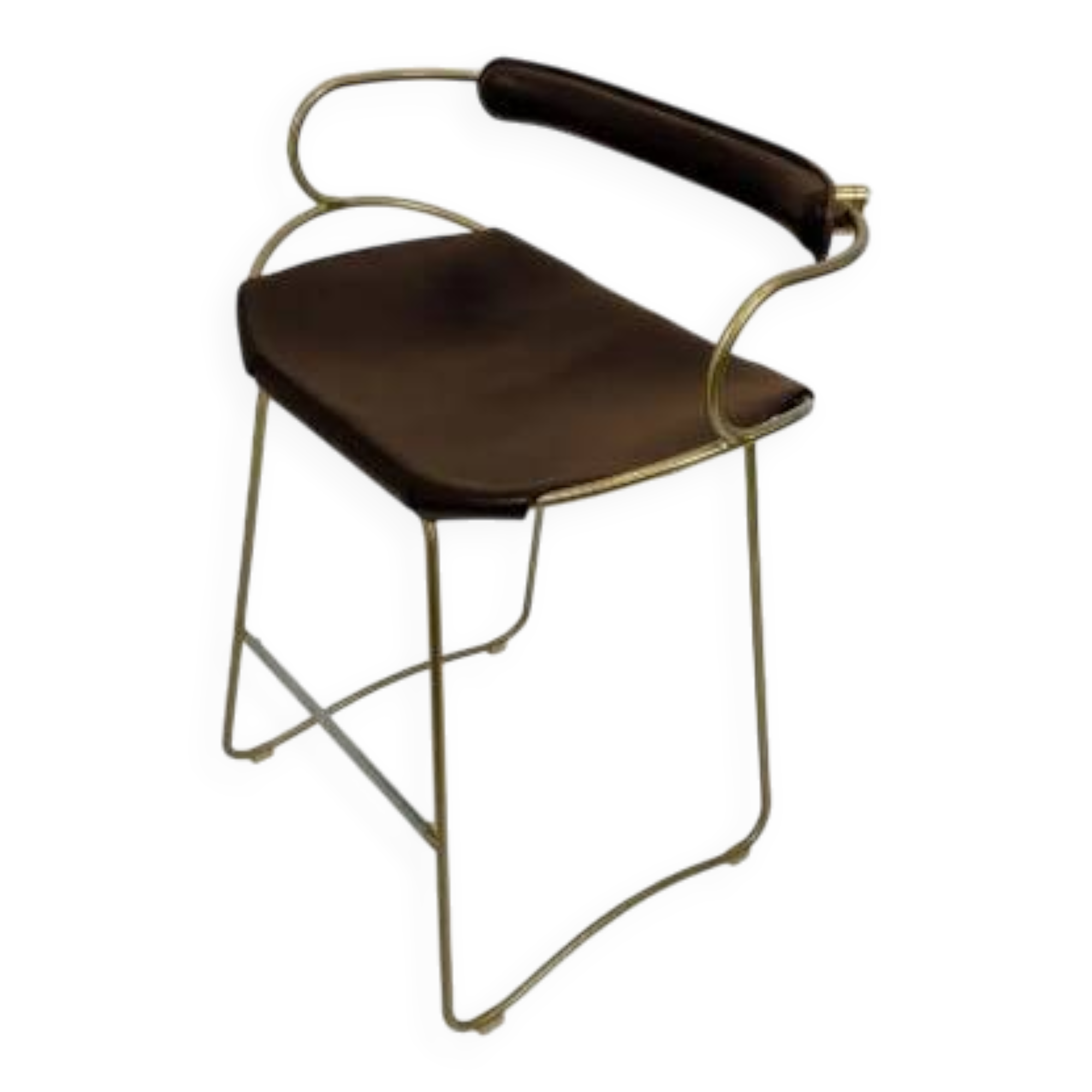 Sculptural kitchen bar stool with brass metal backrest and black leather.