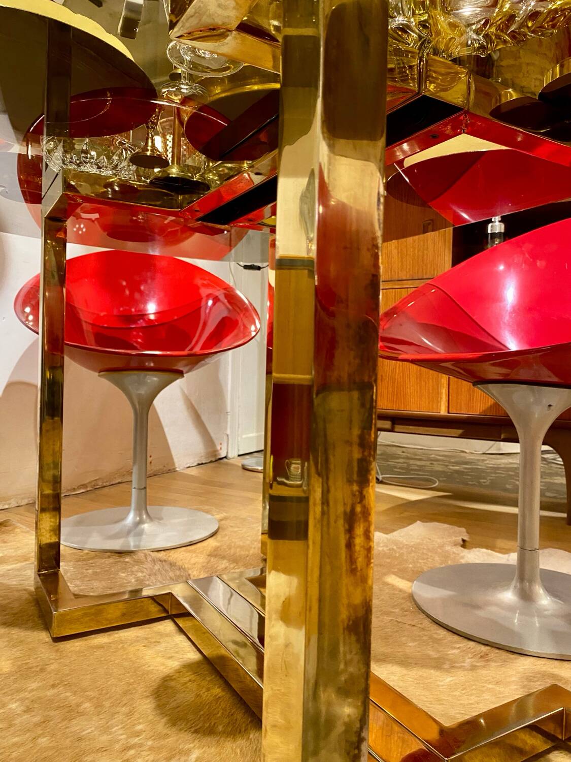 Belgo chrome dining table from the 70s with smoked glass