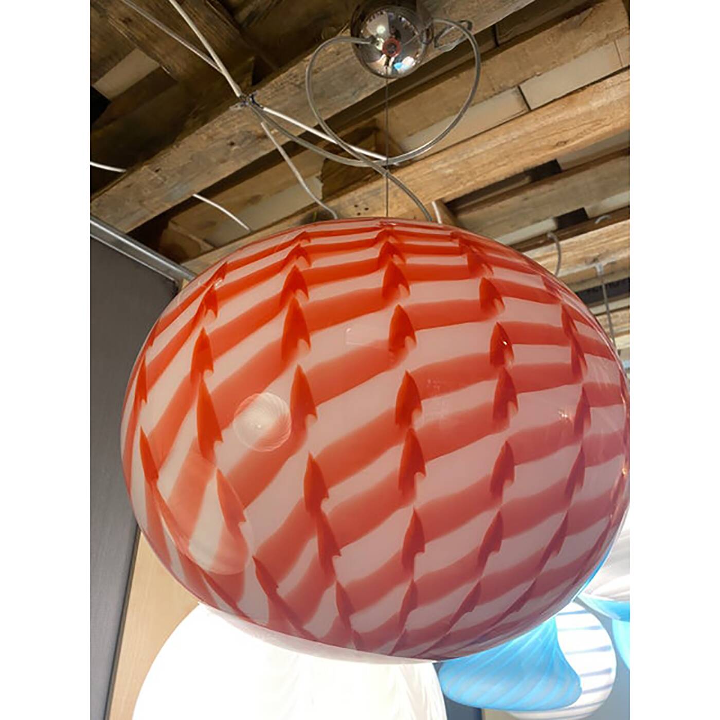Contemporary Red and White Sphere Pendant in Glass