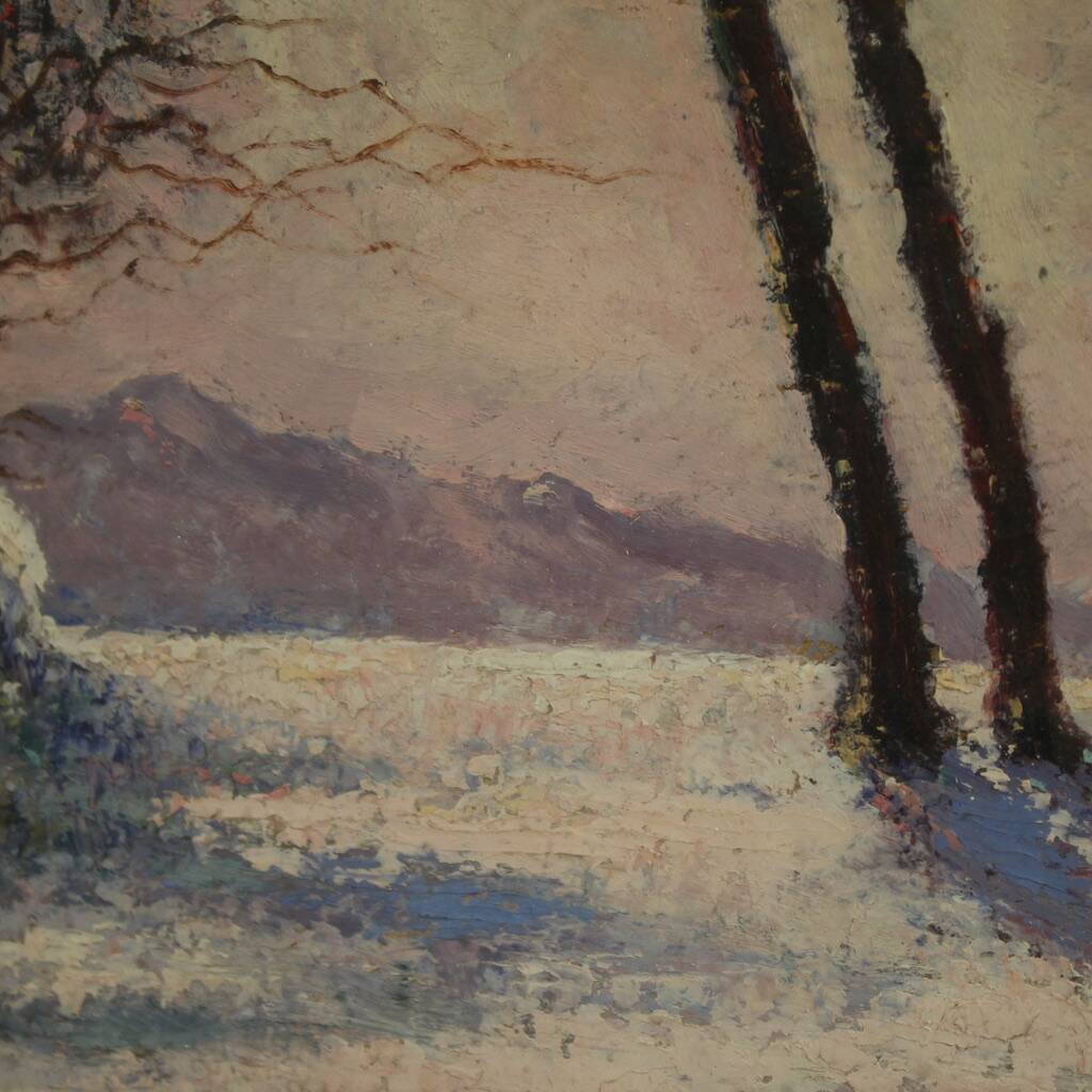 Peinture de paysage enneigé italien signée et datée de 1932.
