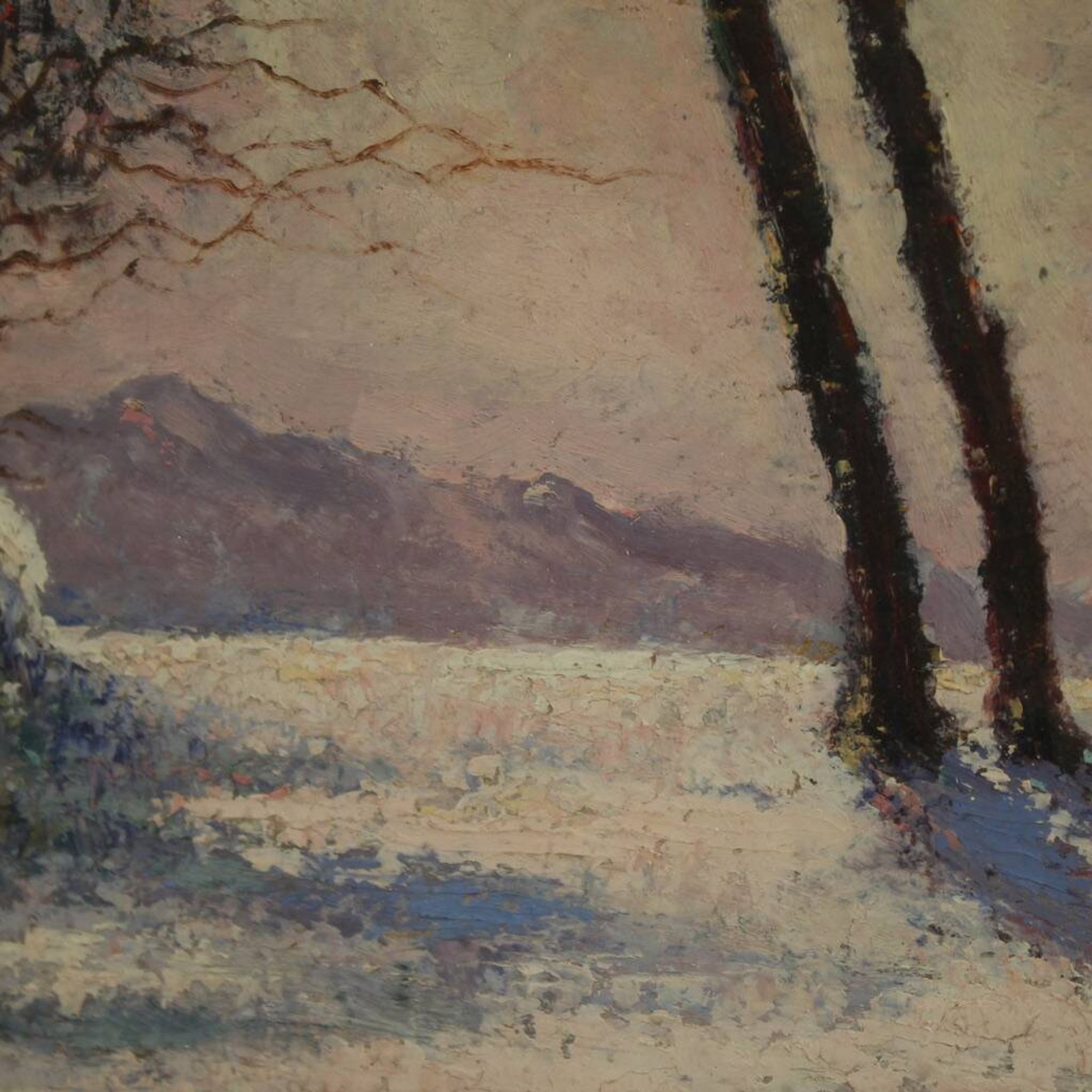 Peinture de paysage enneigé italien signée et datée de 1932.
