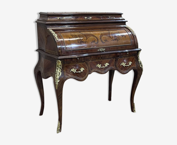 Bureau à cylindre de style louis xv en marqueterie et acajou - travail des années 50