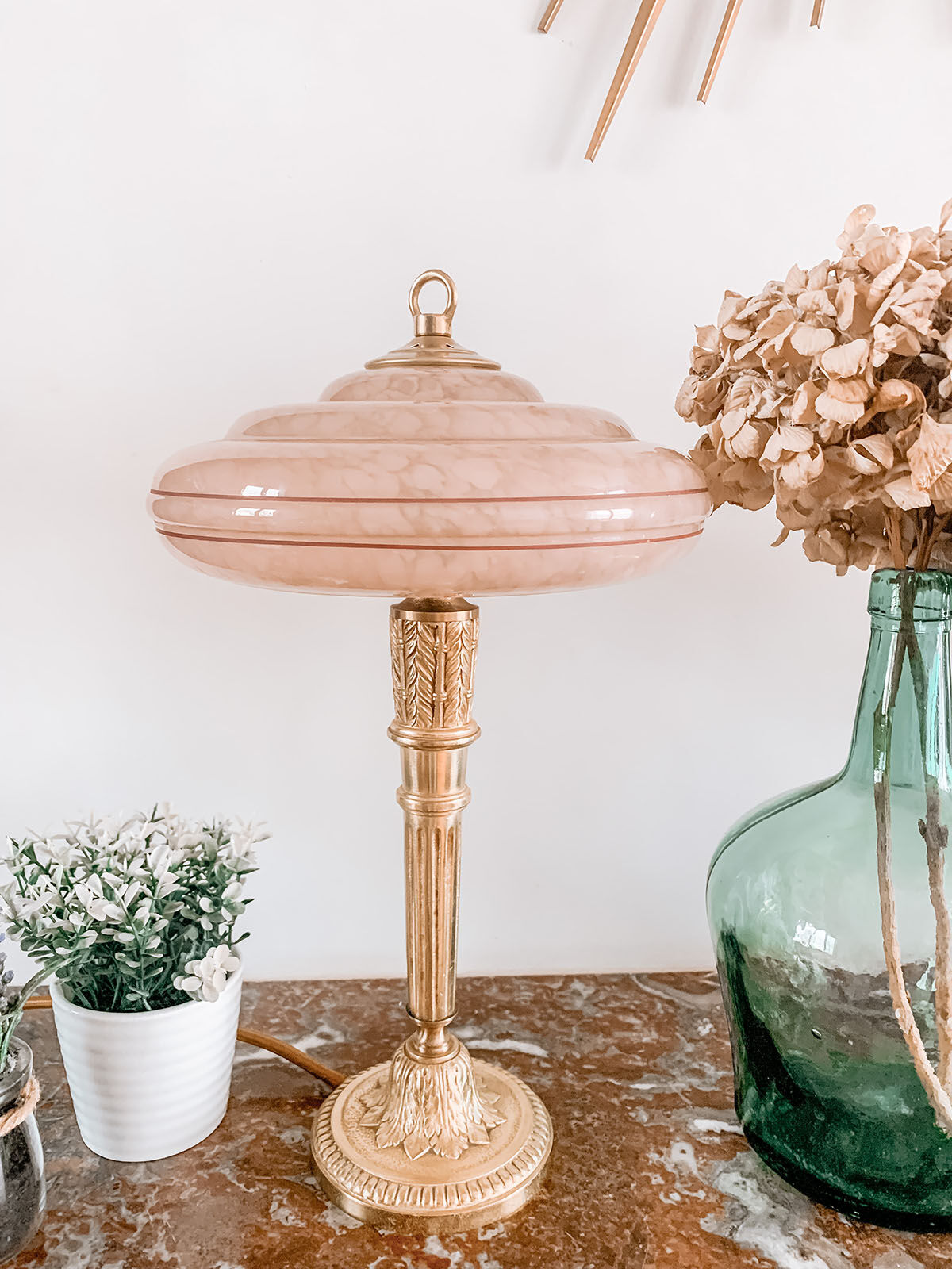 Glass and brass table lamp
