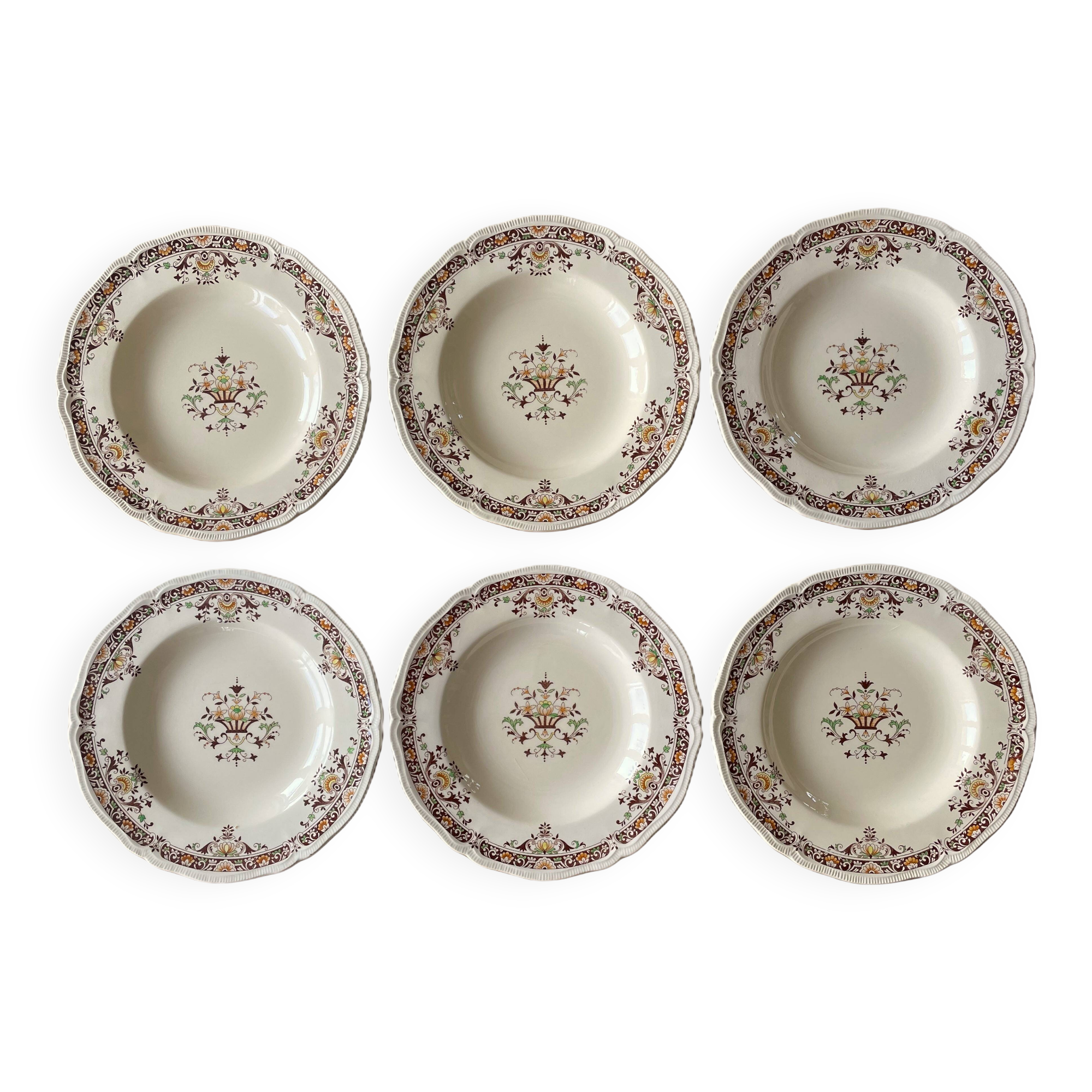 6 antique semi-deep plates in Longchamp earthenware.