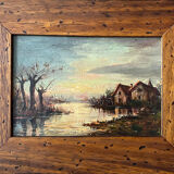 Painting, "Sunset over the houses by the water" by Allera