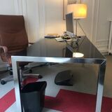 Bureau en verre rétro laqué noir et alu brillant