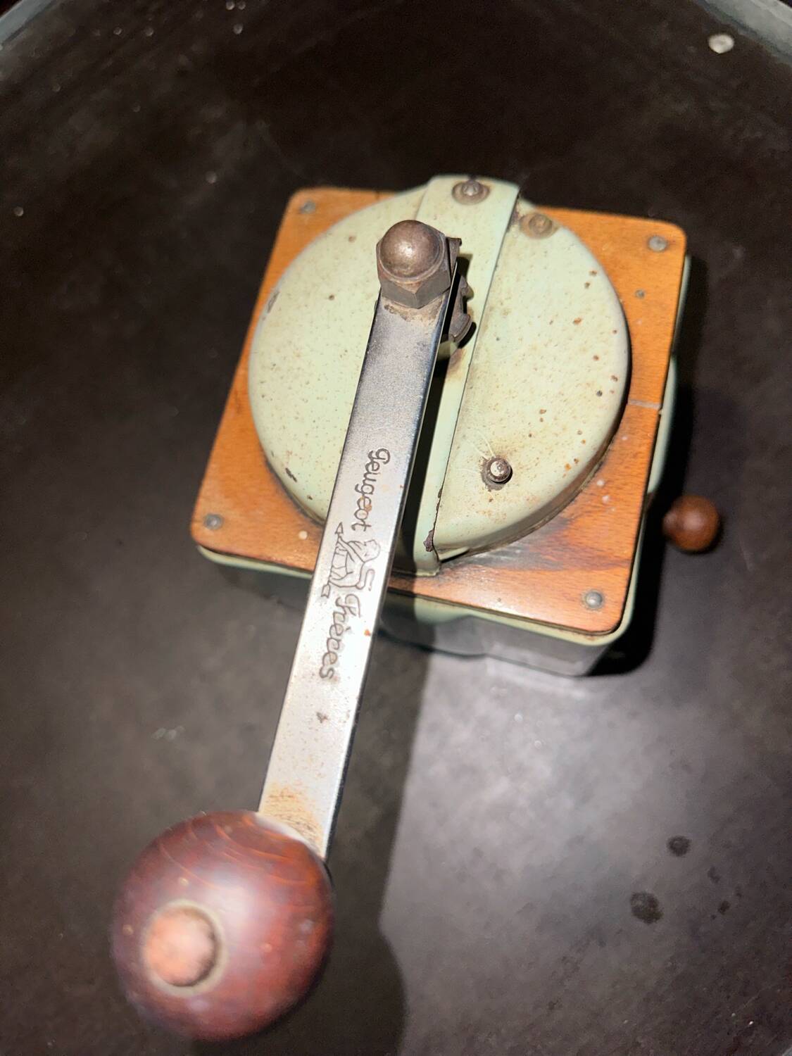 Blue Peugeot coffee grinder