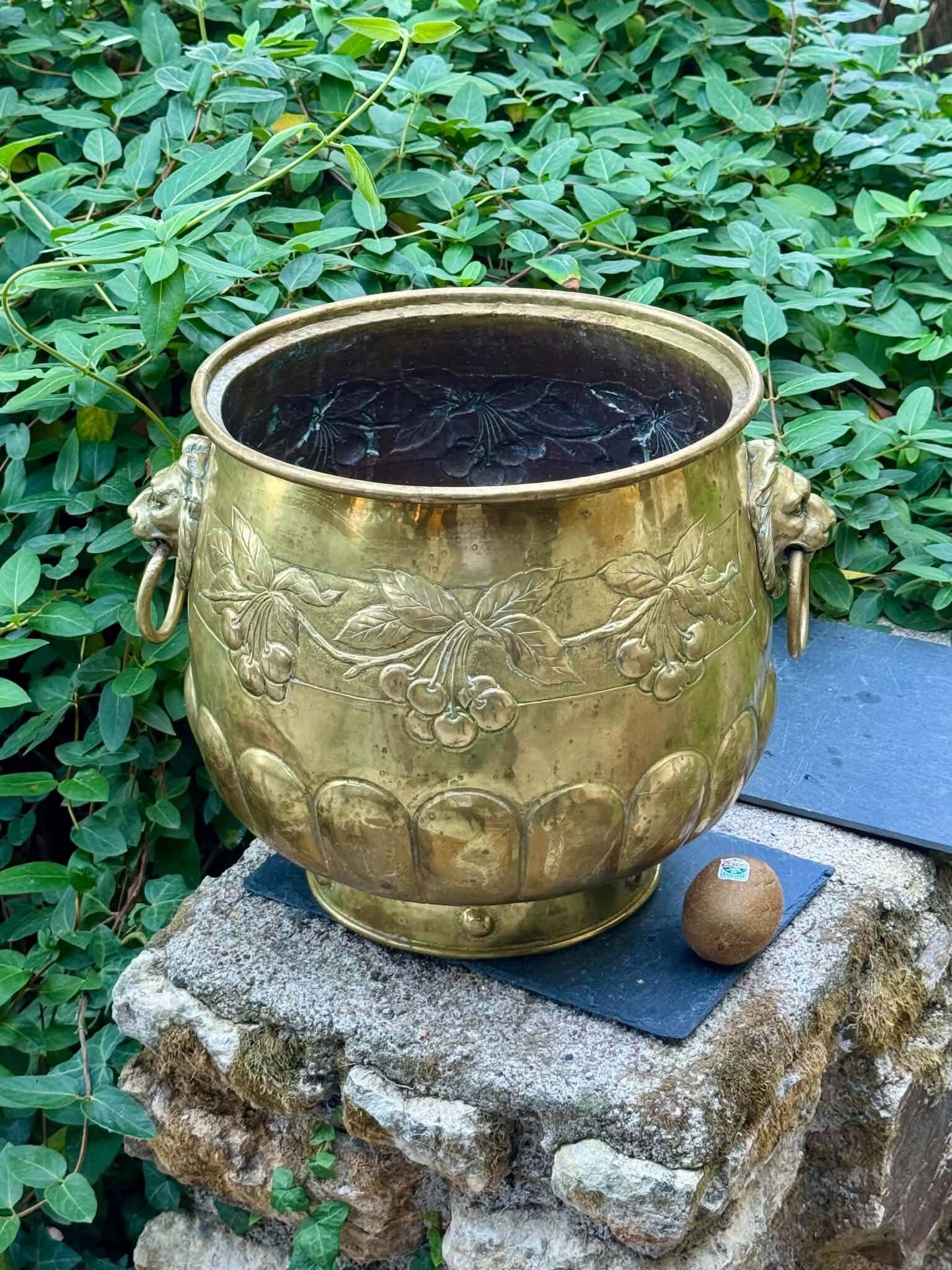 Large brass lion planter with a hallmark from the 19th century.