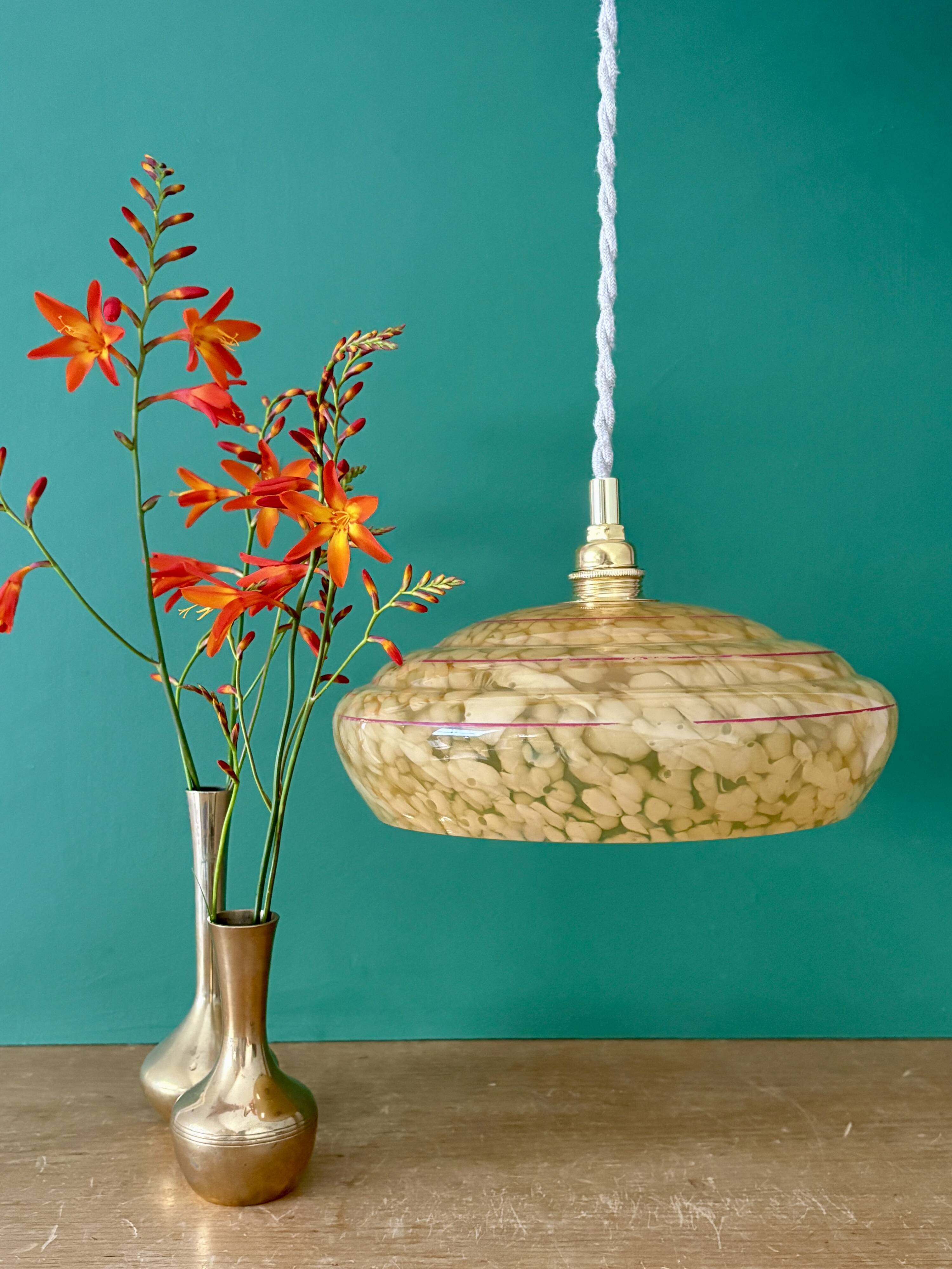 Vintage pendant lamp shade in yellow Clichy glass with red trim