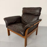 Vintage 70s Dreipunkt Scala design armchair in black leather and teak.