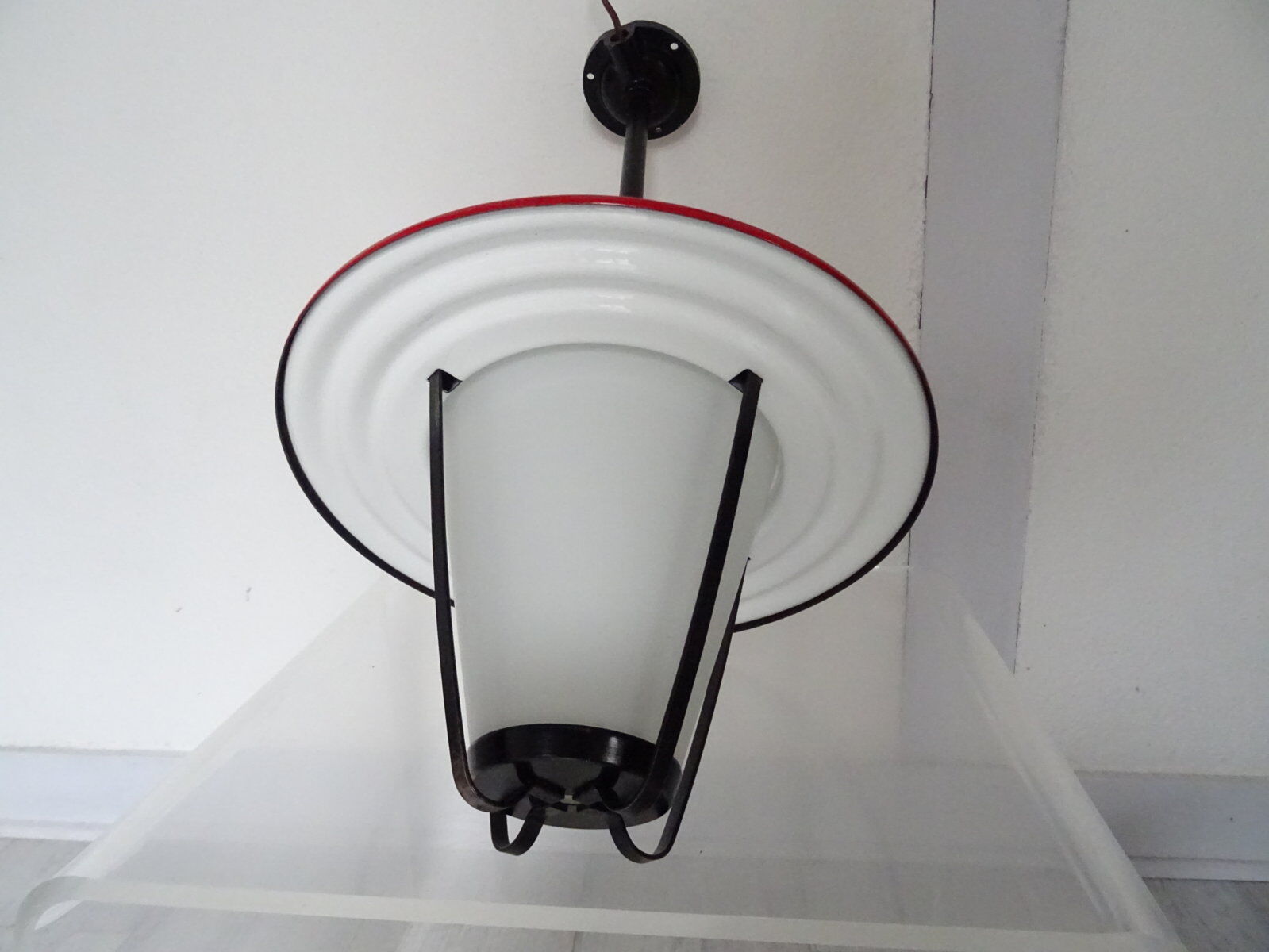 Metal and opaline lantern suspension from the 1960s.