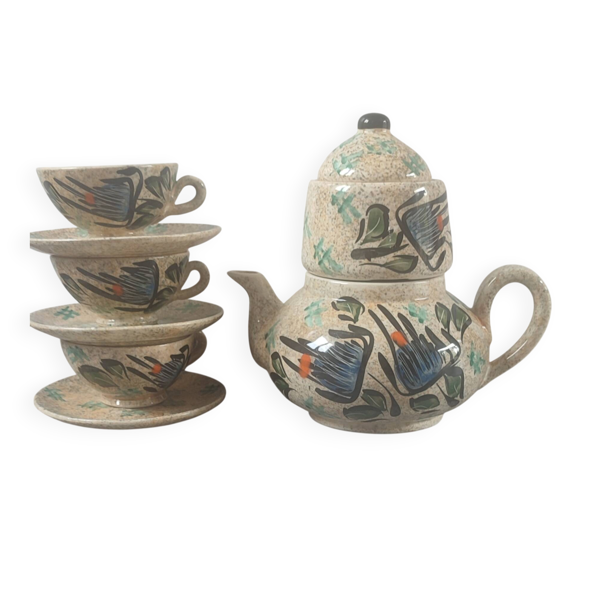 Large ceramic tea service signed Vallauris, vintage 1960.
