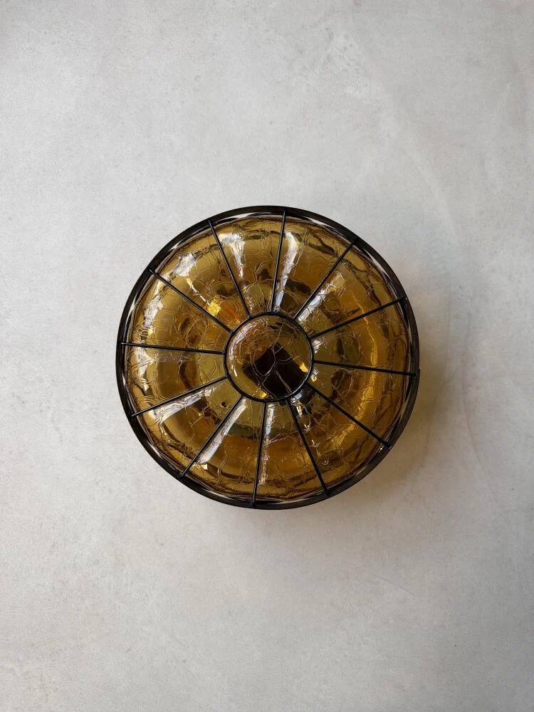 Vintage ceiling lamp amber crackle glass 1970s