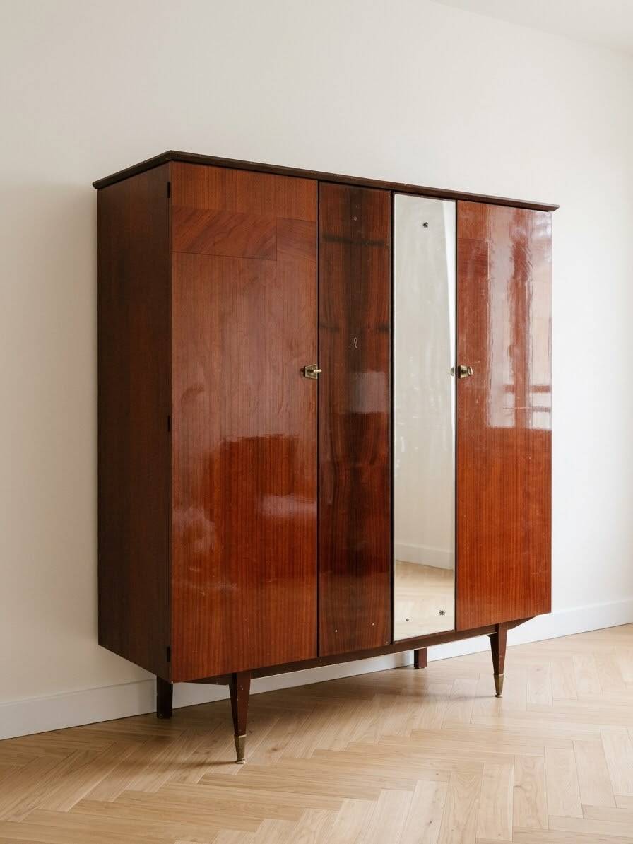 Large vintage 1950s wardrobe in formica and mirror.