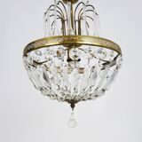 Chandelier, crown ceiling light in brass, 3 levels, 1 light, water drop pendants. 70s