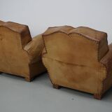 Pair of French club chairs with moustache back in cognac leather, 1940s
