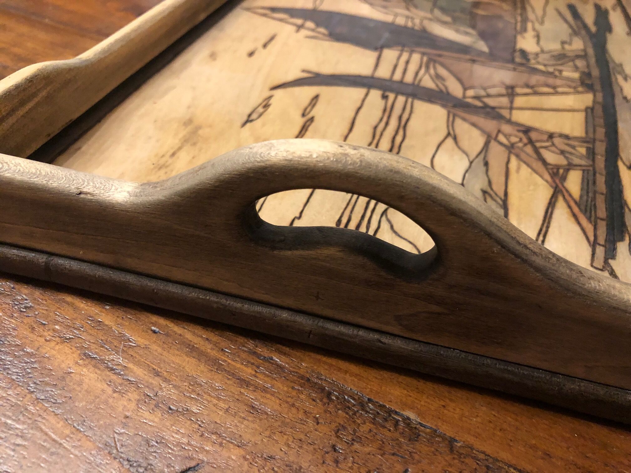 Pyrograved wooden platter - Asian decor