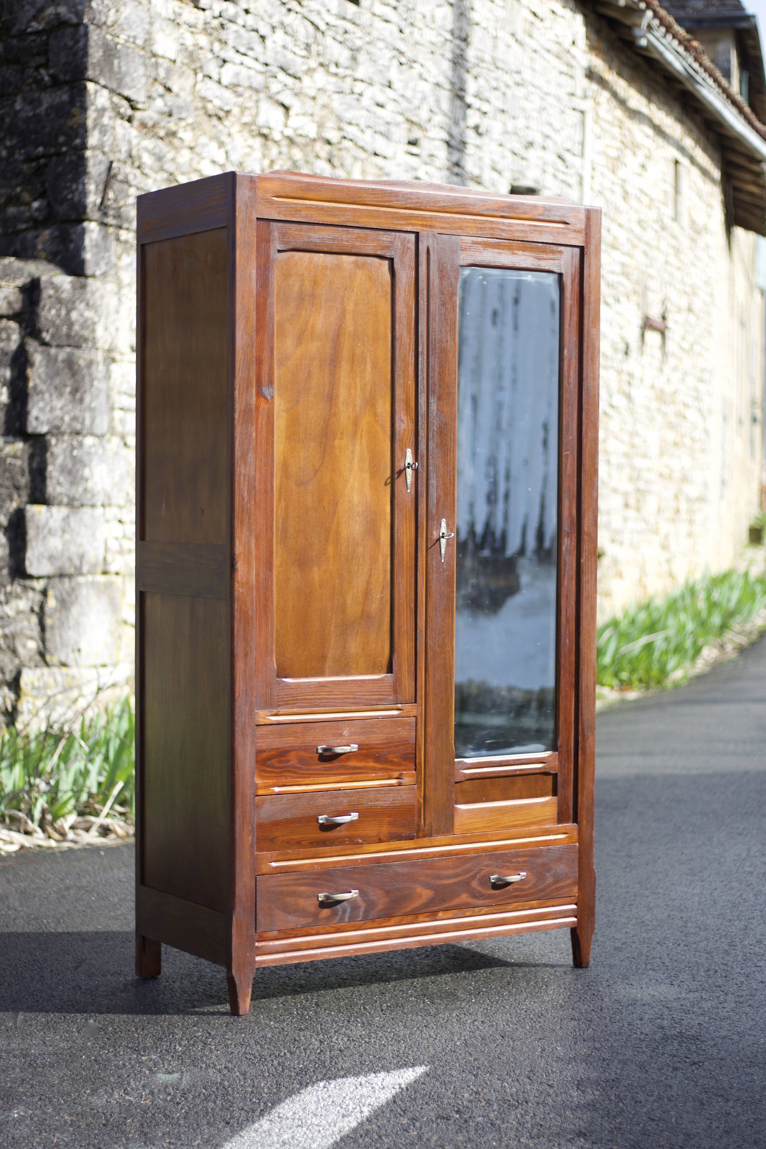 Art deco wooden cabinet with mirror, wooden storage unit, vintage Parisian cabinet