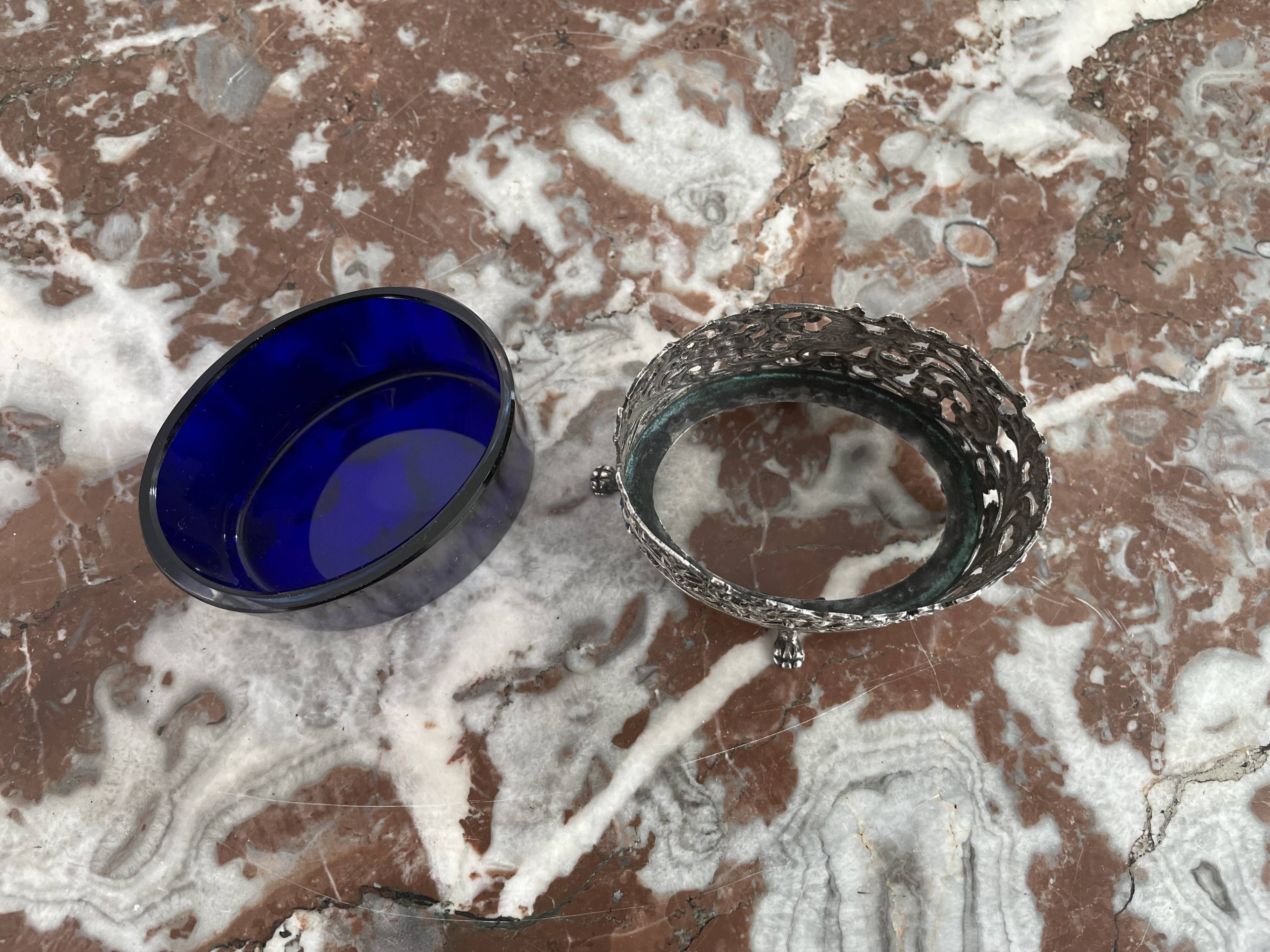 Vintage, salt shaker, saleron, metal, silver 830, indigo blue glass, eagle decoration, flowers, hallmark
