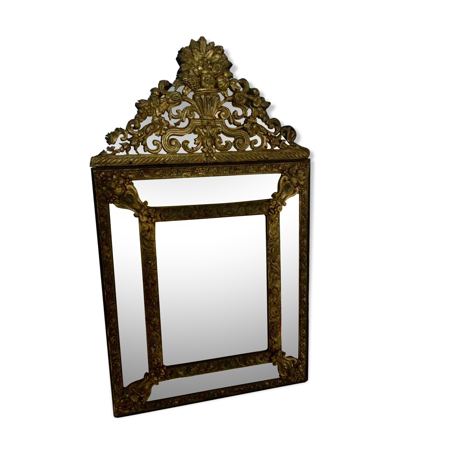 19th century embossed brass mirror with bead - 65x39cm