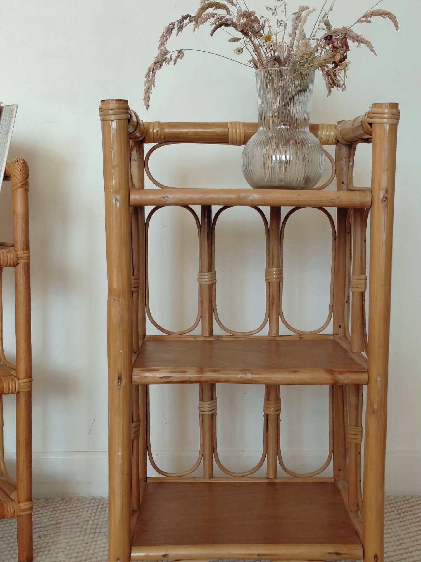 Pair of bedside tables/vintage bamboo and rattan accent furniture - 1970s