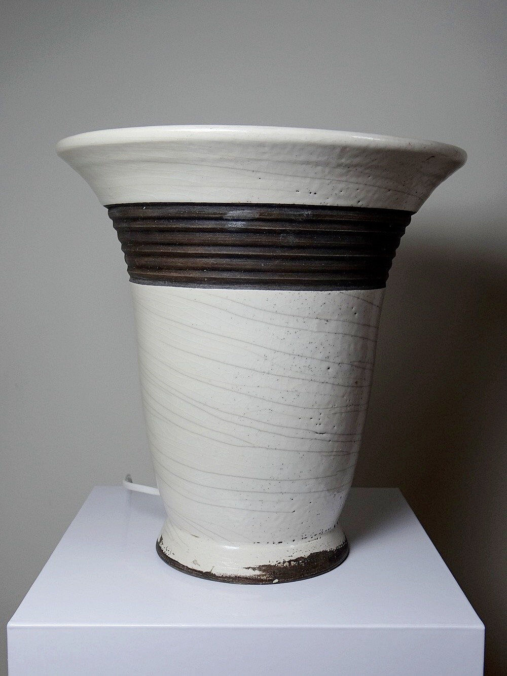 Large modern Raku lamp in beige and brown by Keramos Sèvres - René Hénon