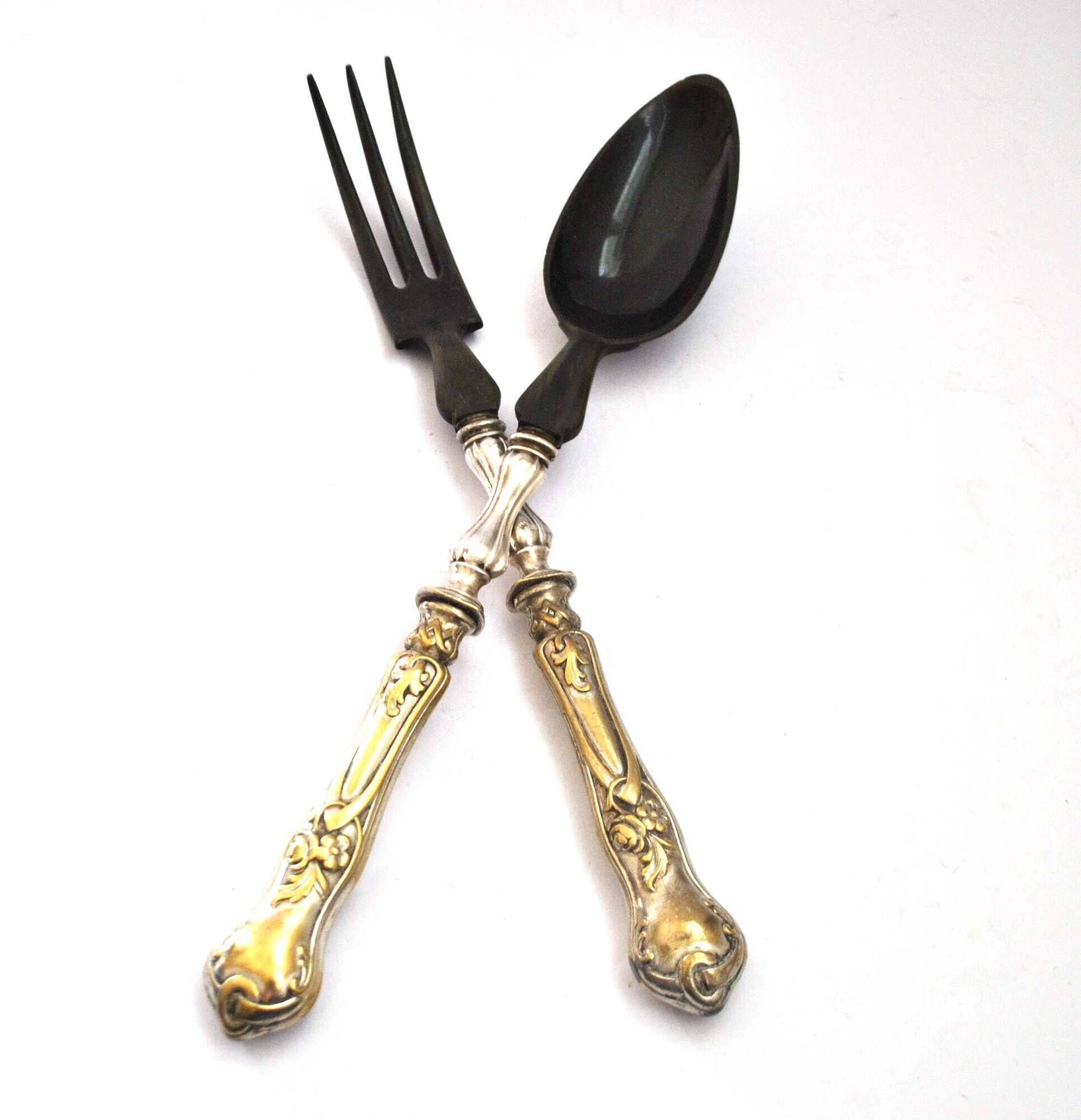 Antique salad server in silver metal and black horn - neoclassical flowered service 19th century.