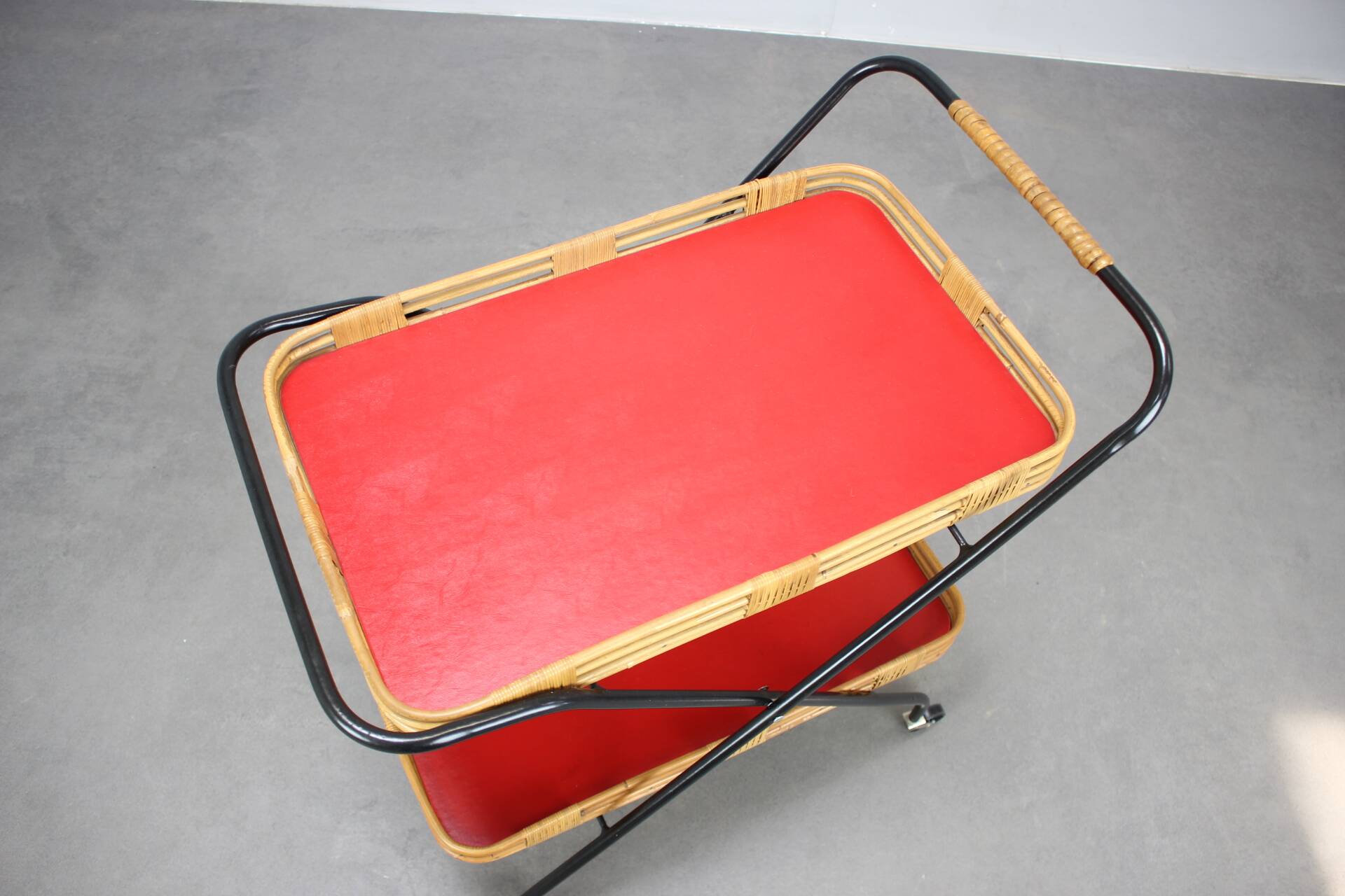 1960s Czechoslovak Mid-Century Folding Bamboo Serving Trolley Bar Cart