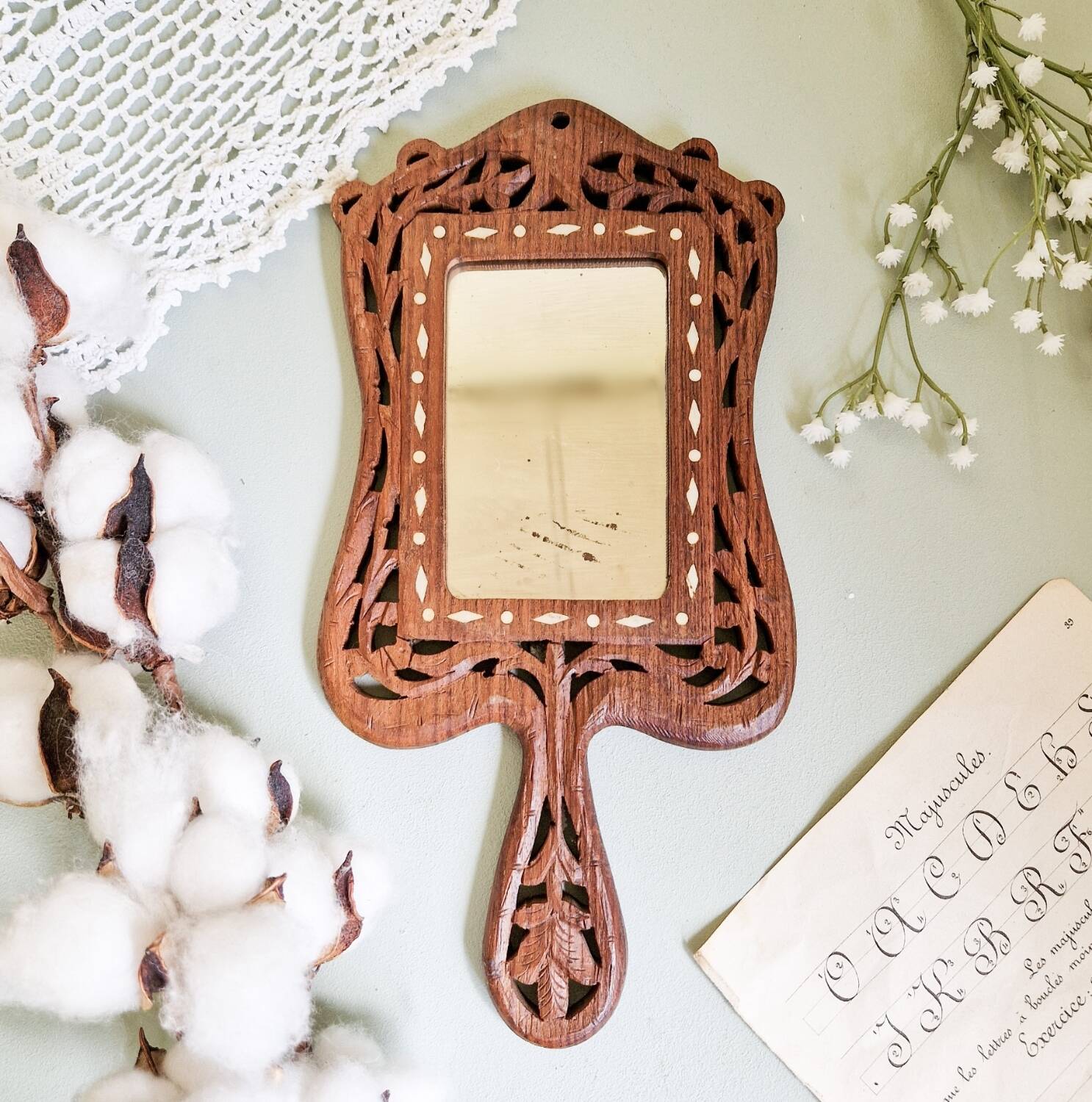 Vintage hand mirror in hand carved wood and bone inlay
