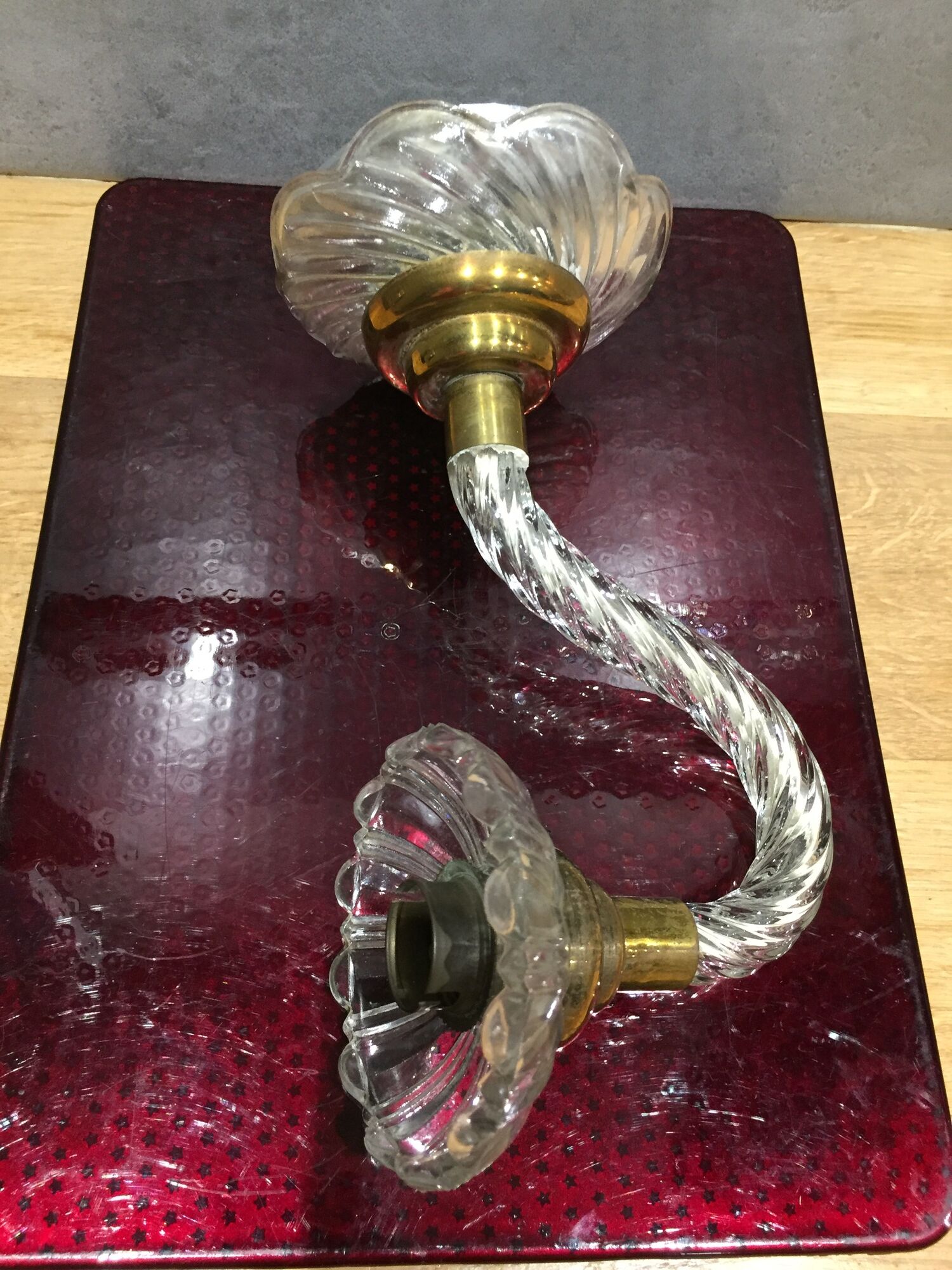 Pair of glass and gold metal sconces in the 1950s