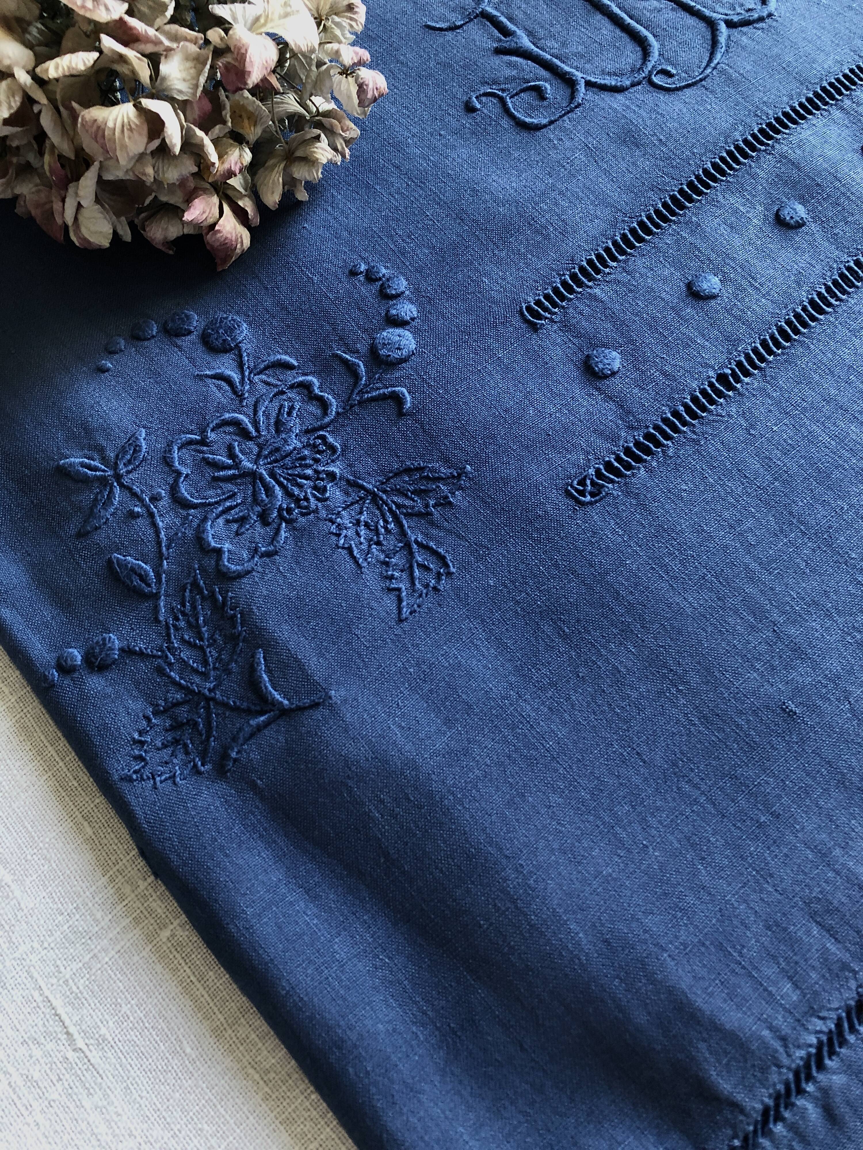 Old sheet in pure thread washed linen tinted in blue
