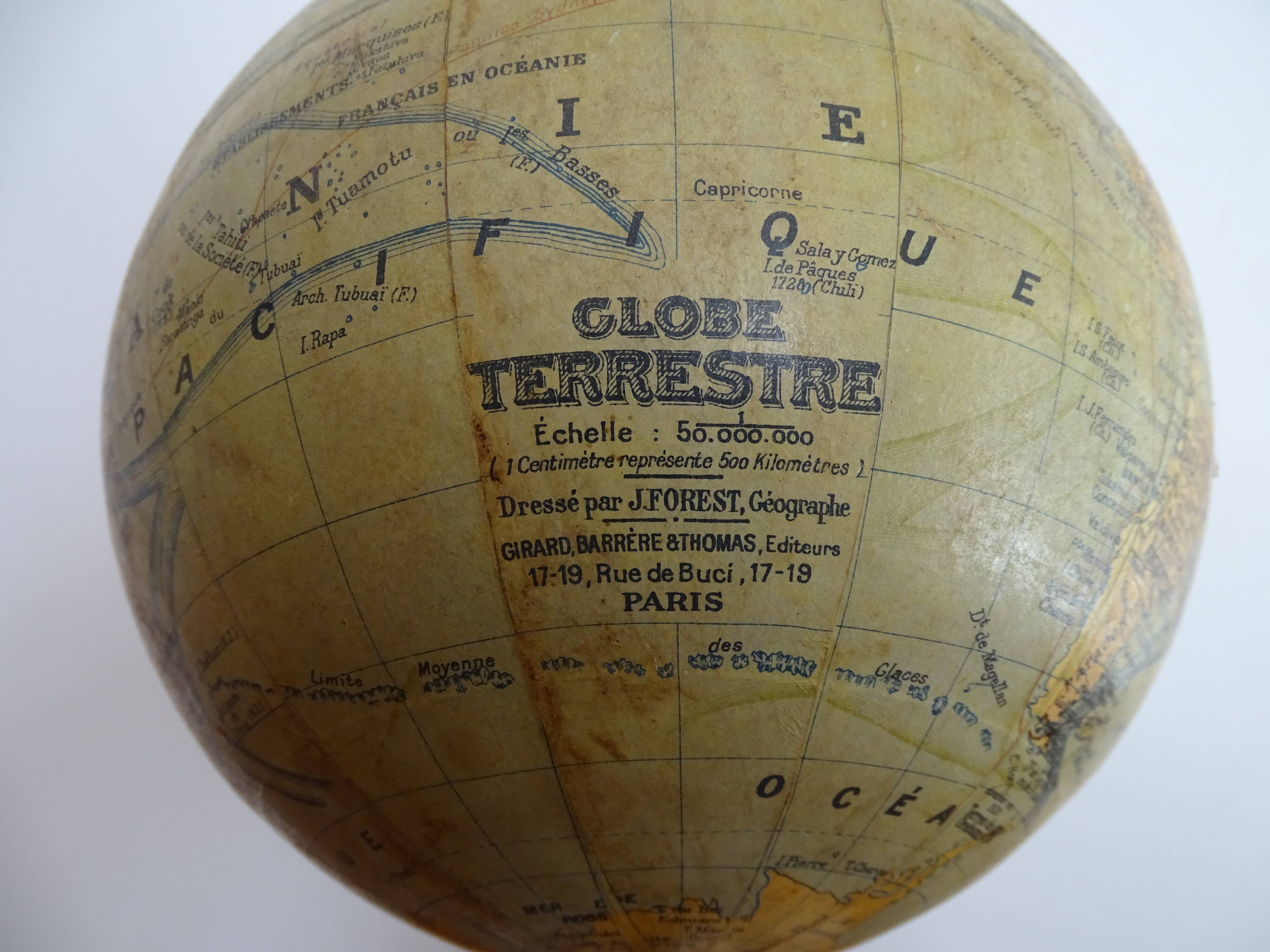 Terrestrial globe boiled cardboard J.Forest Girard Barrère & Thomas Ø 19.5 aluminum base