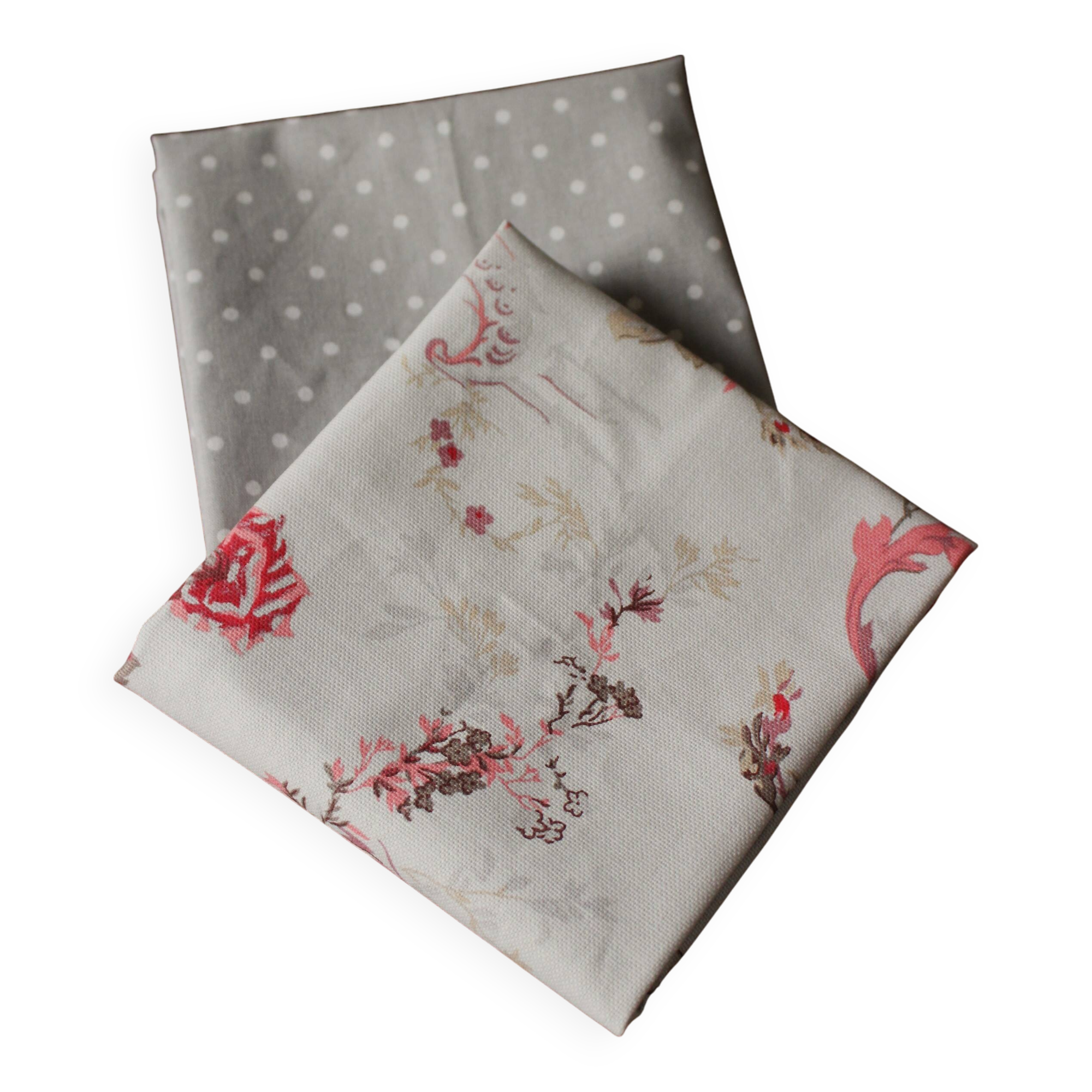 A set of 8 gray blue napkins with pink flowers and polka dots