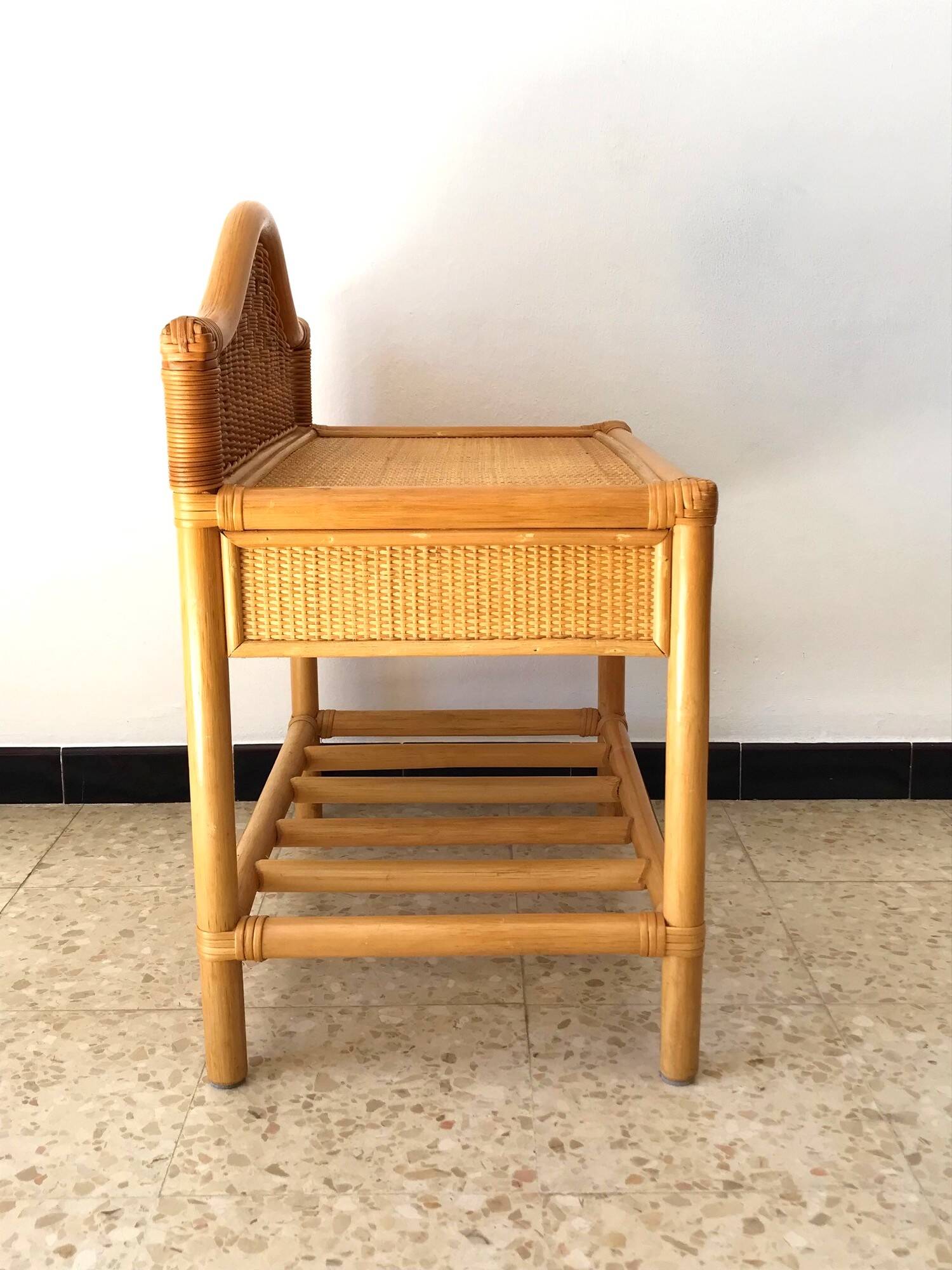 Vintage 80s rattan bedside table