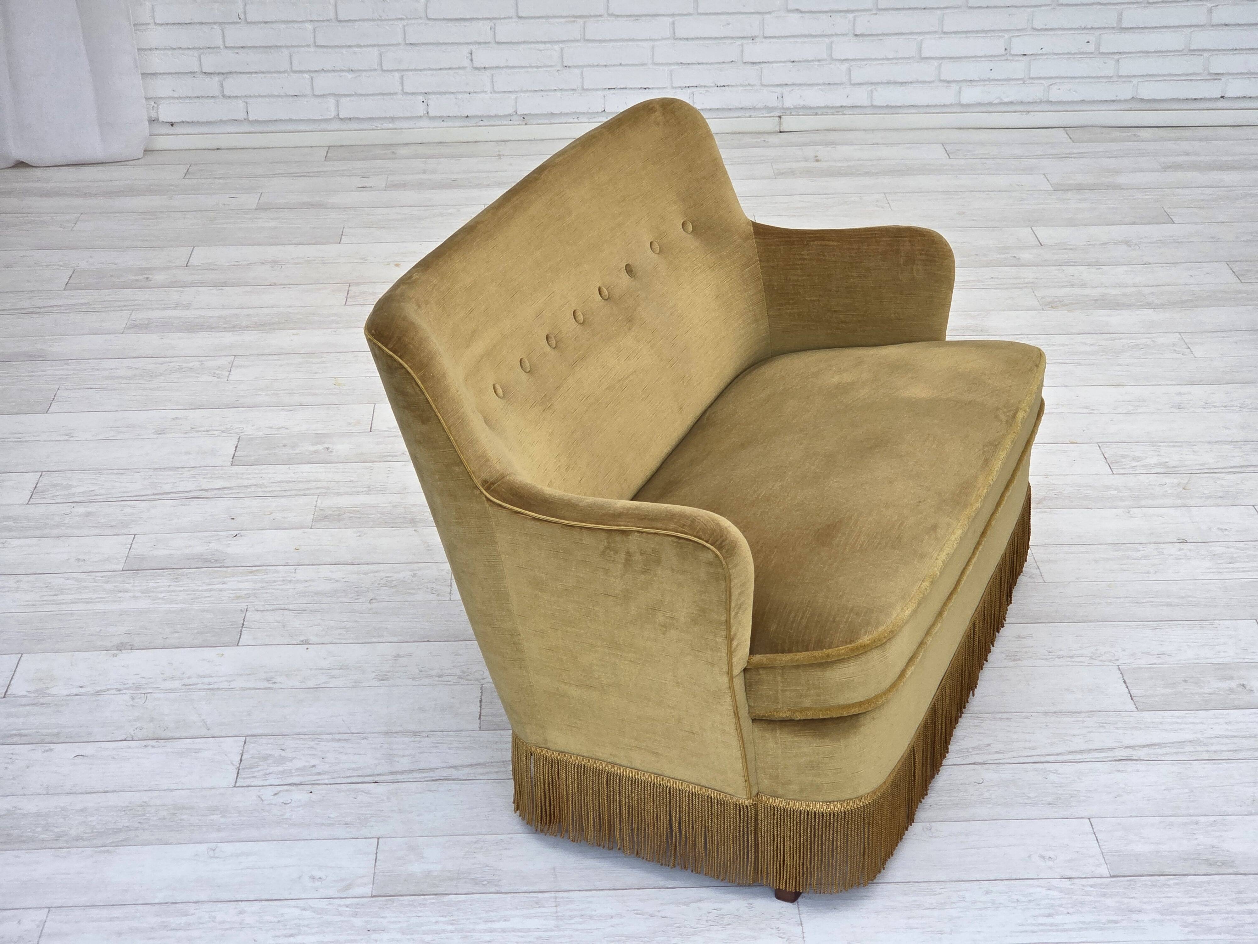 1970s, Danish 2-seater sofa, light green furniture velour, beech wood.