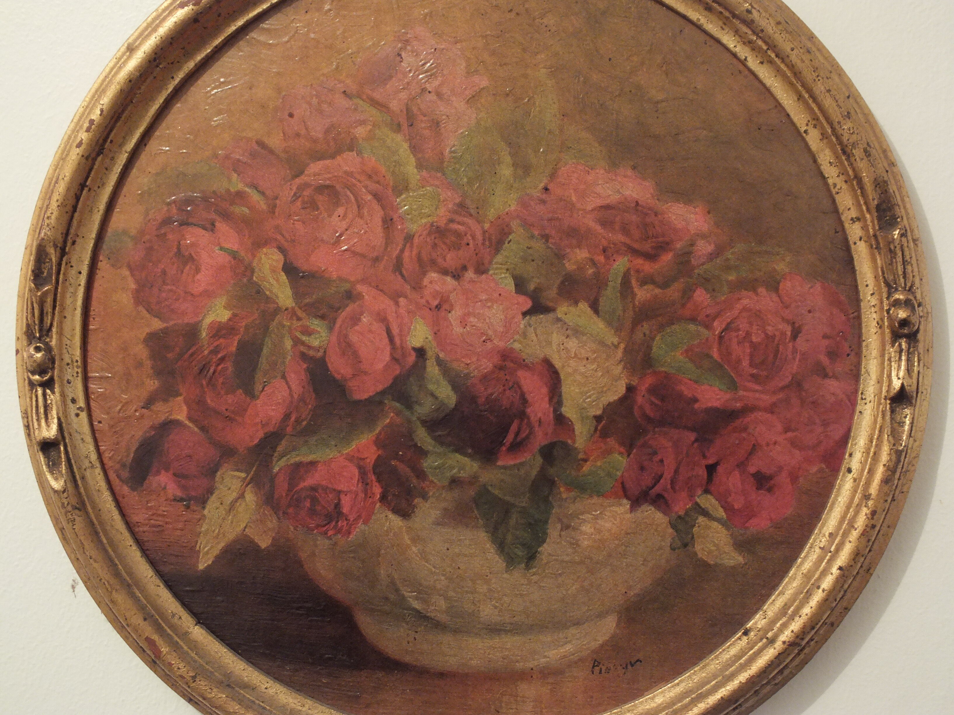 Old small painting framed and signed reproduction with a bouquet of roses