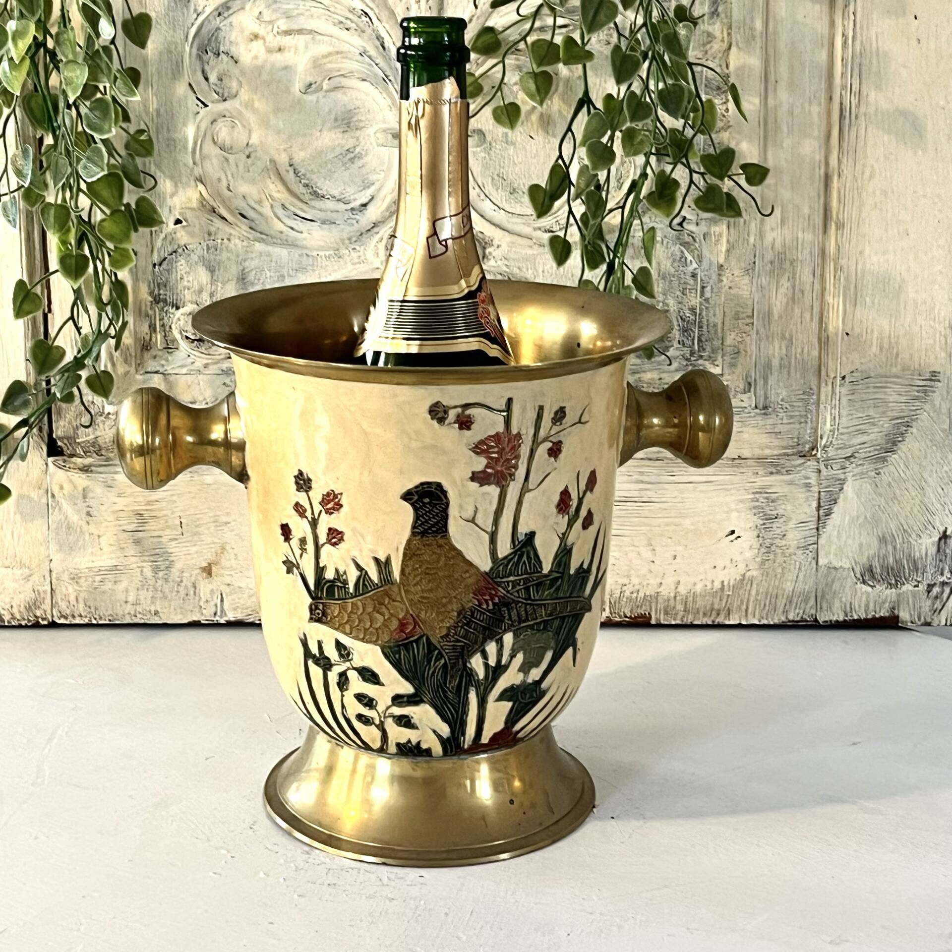 Cloisonne Ice Bucket, Vintage French Peach Enamel Pheasant Floral Desi