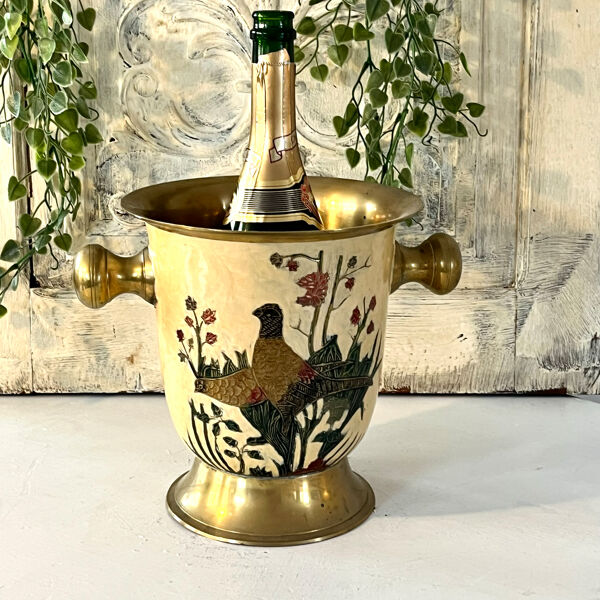 Seau à glace Cloisonné, vintage français en émail pêche avec motif floral de faisan.