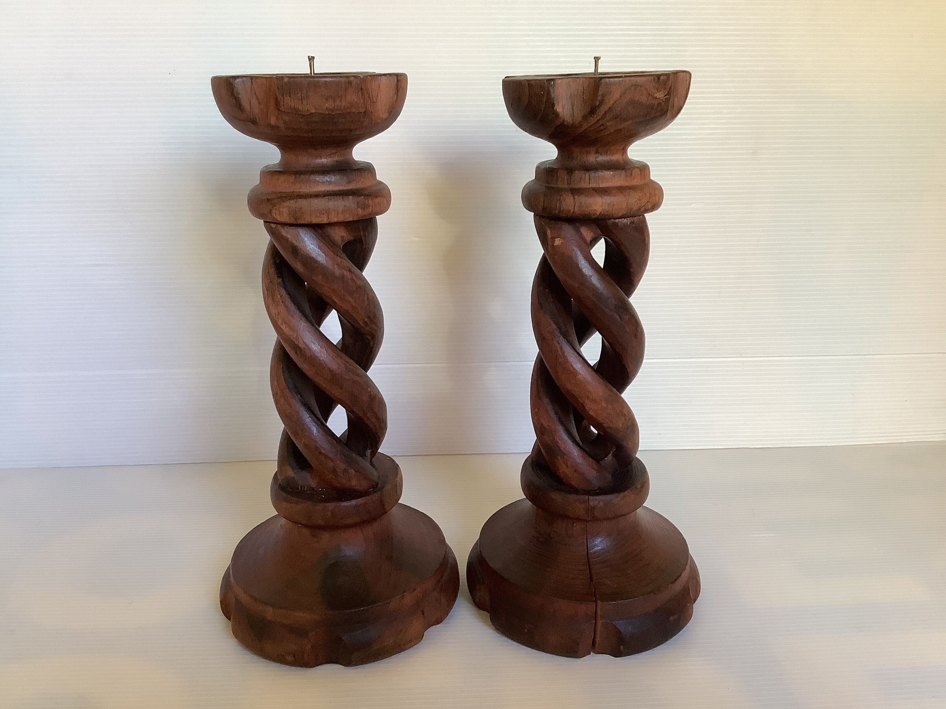 Pair of candlesticks picnic candle in twisted turned wood
