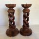 Pair of candlesticks picnic candle in twisted turned wood