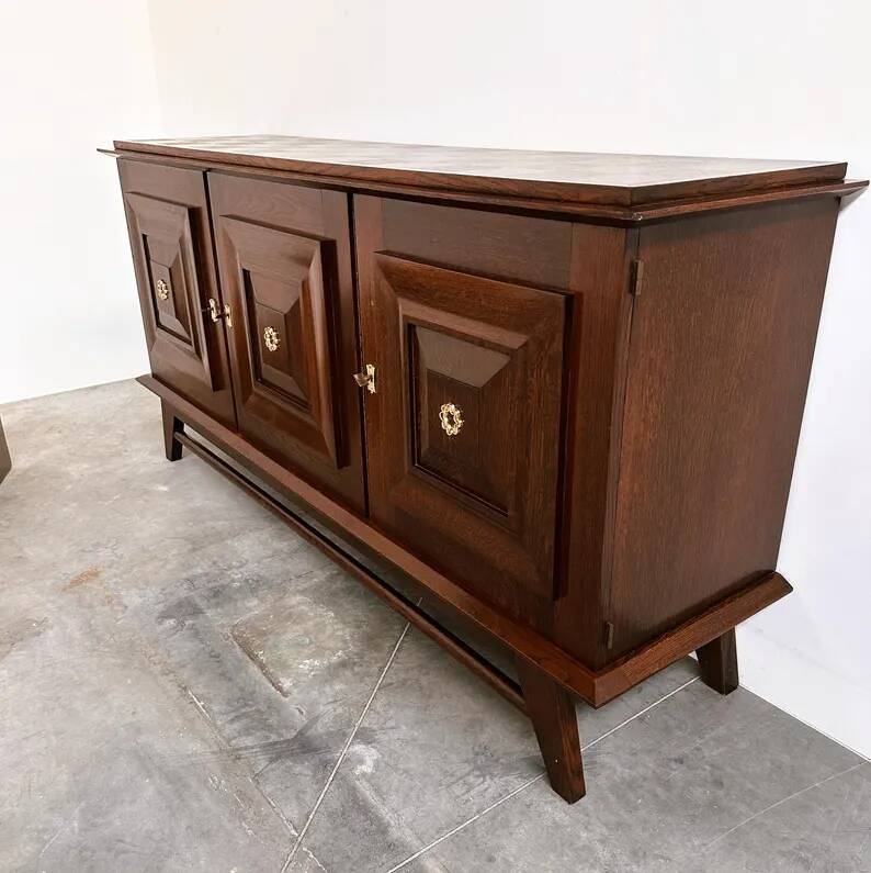 Vintage oak buffet in brutalist style with geometric panel doors, Belgium, 1960s