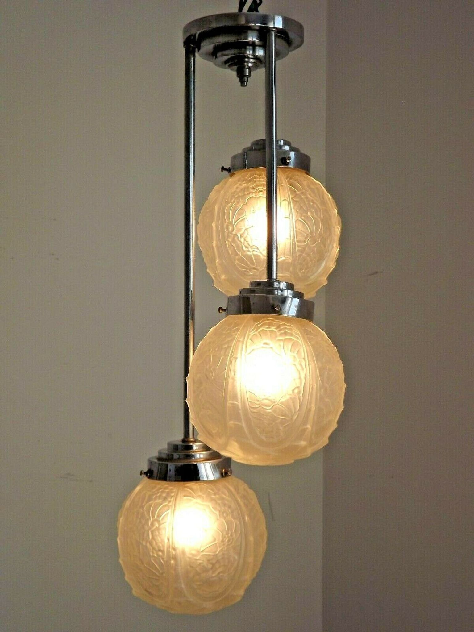 french art deco light in chrome with 3 floral opaque glass shades