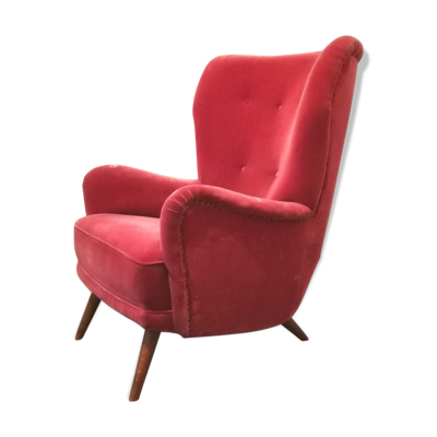 Fauteuil danois bergère année 40 50 velour rouge