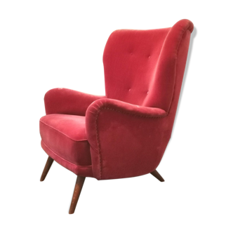 Fauteuil danois bergère année 40 50 velour rouge