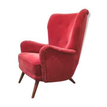 Fauteuil danois bergère année 40 50 velour rouge