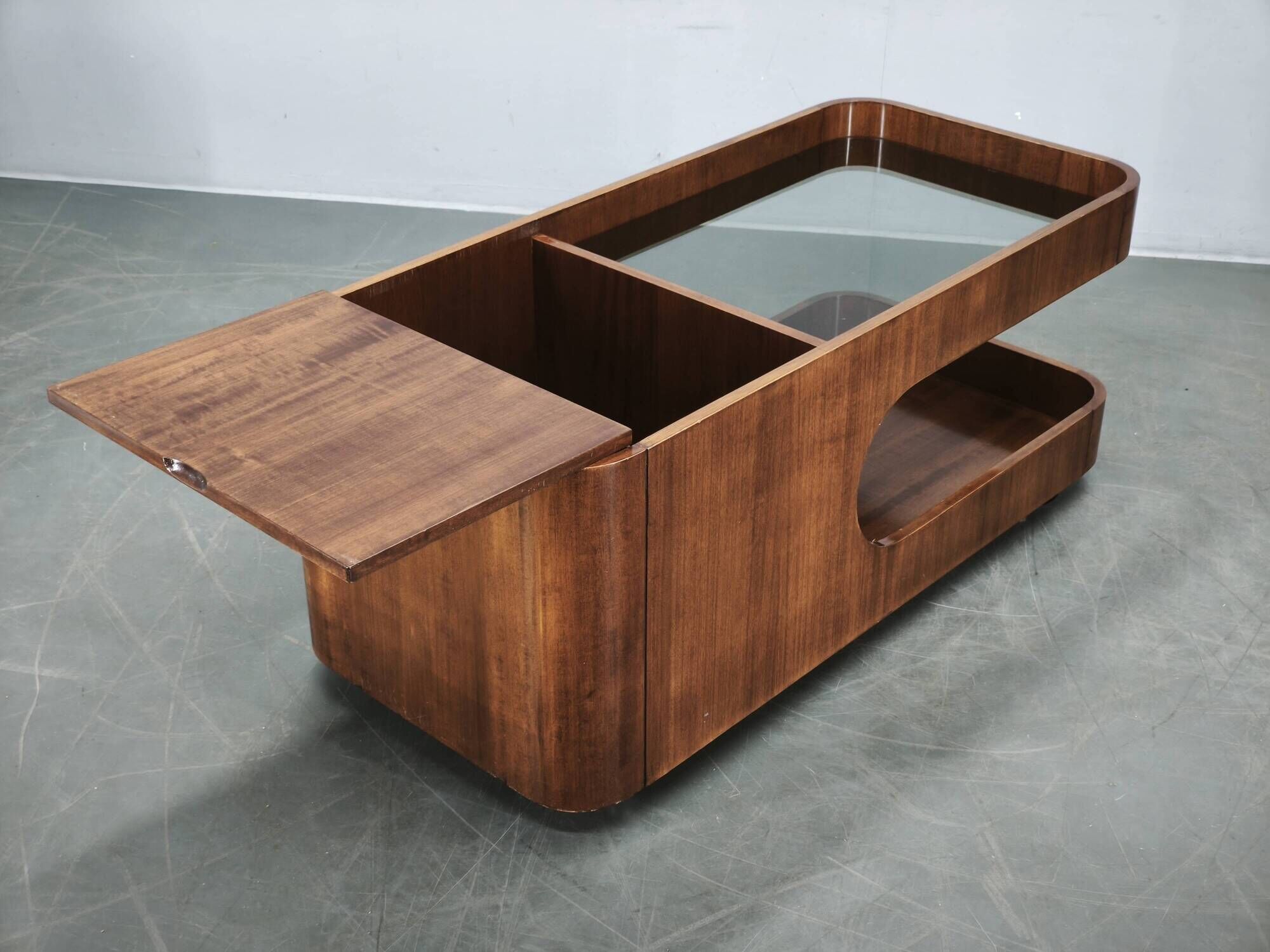 1970s Italian Modernist Wood and Smoked Glass Bar Cart