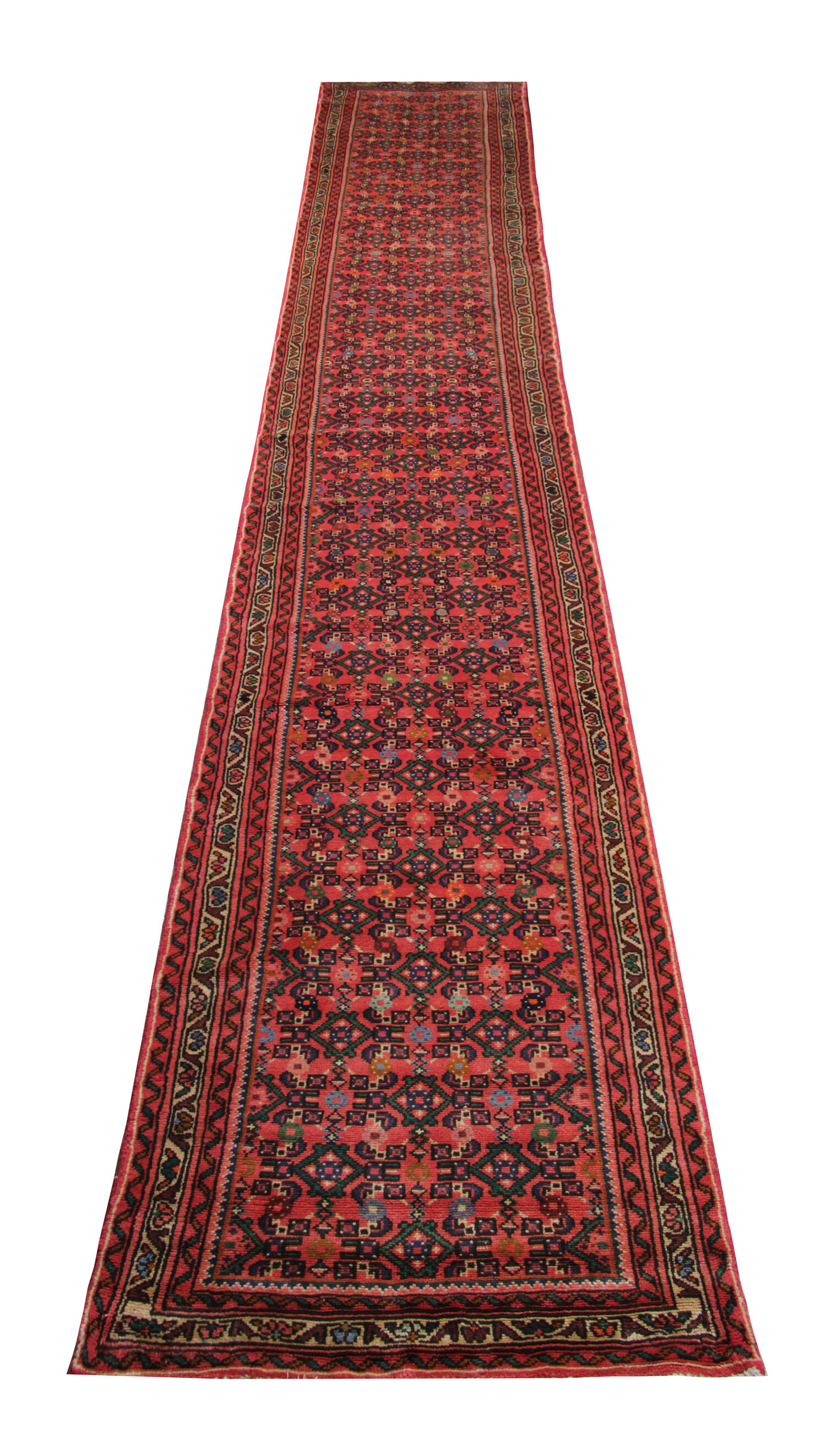 Long Red Wool Vintage Persian Runner Rug Handwoven Oriental Carpet- 80x475cm