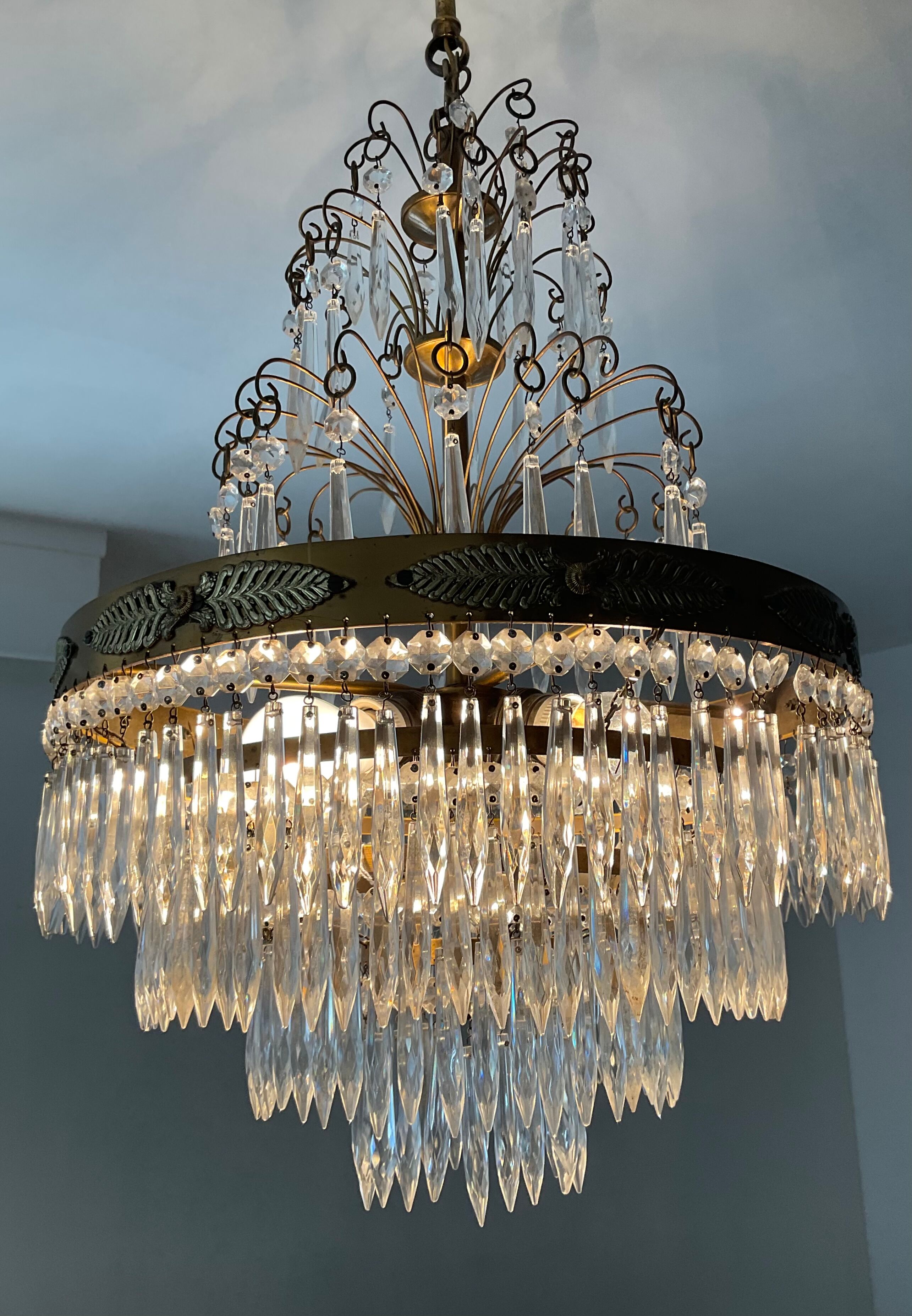 Old Crystal Grapevine Waterfall Chandelier and Solid Bronze Frame