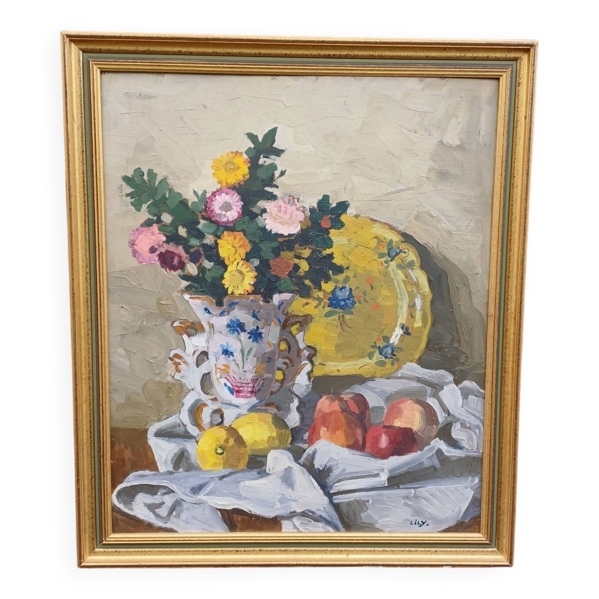 Peinture ancienne vase de marié avec son bouquet
