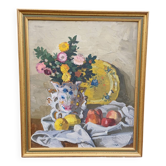 Old painting of a bride's vase with her bouquet.